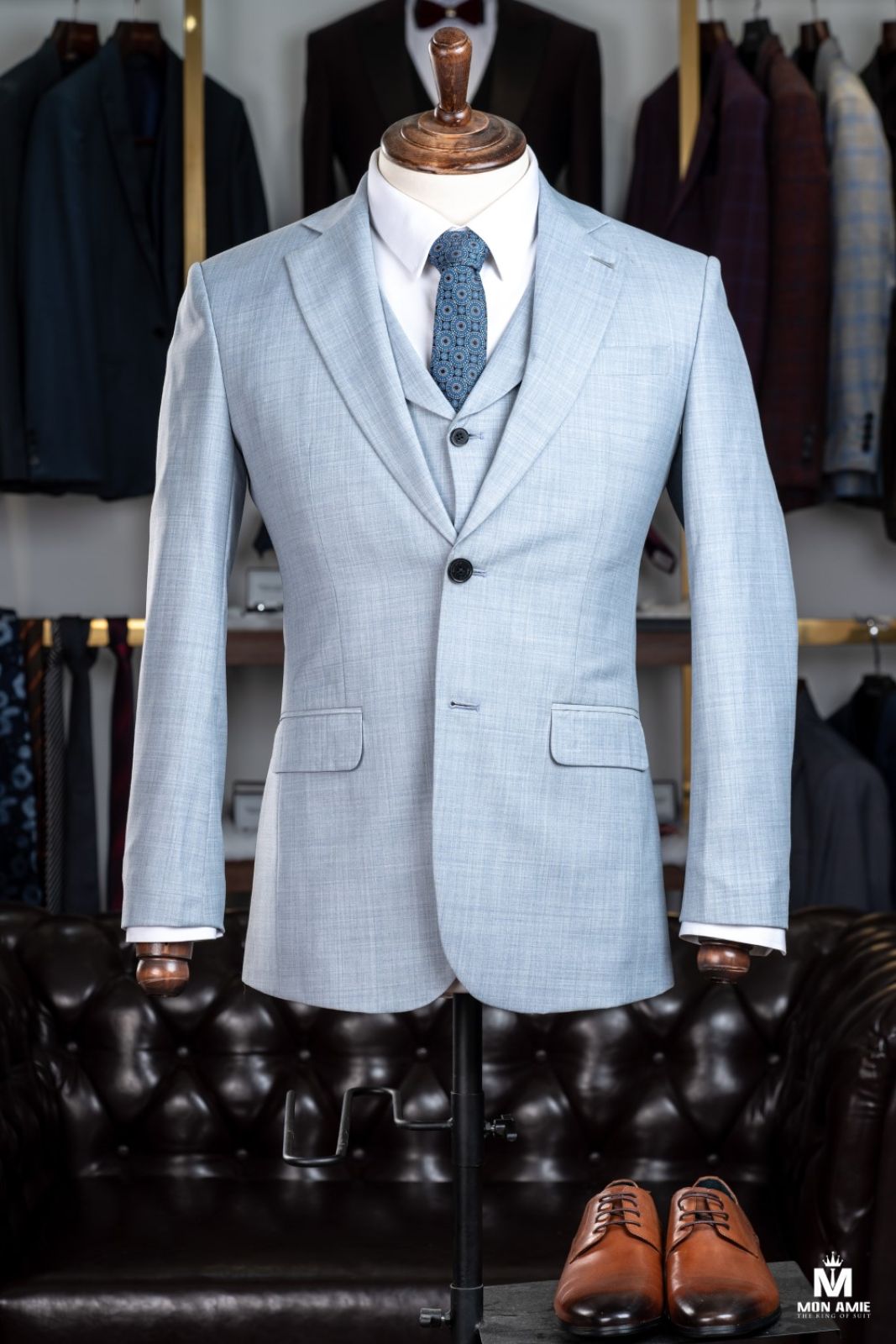 3 Pieces Crosshatch Light Blue Suit 